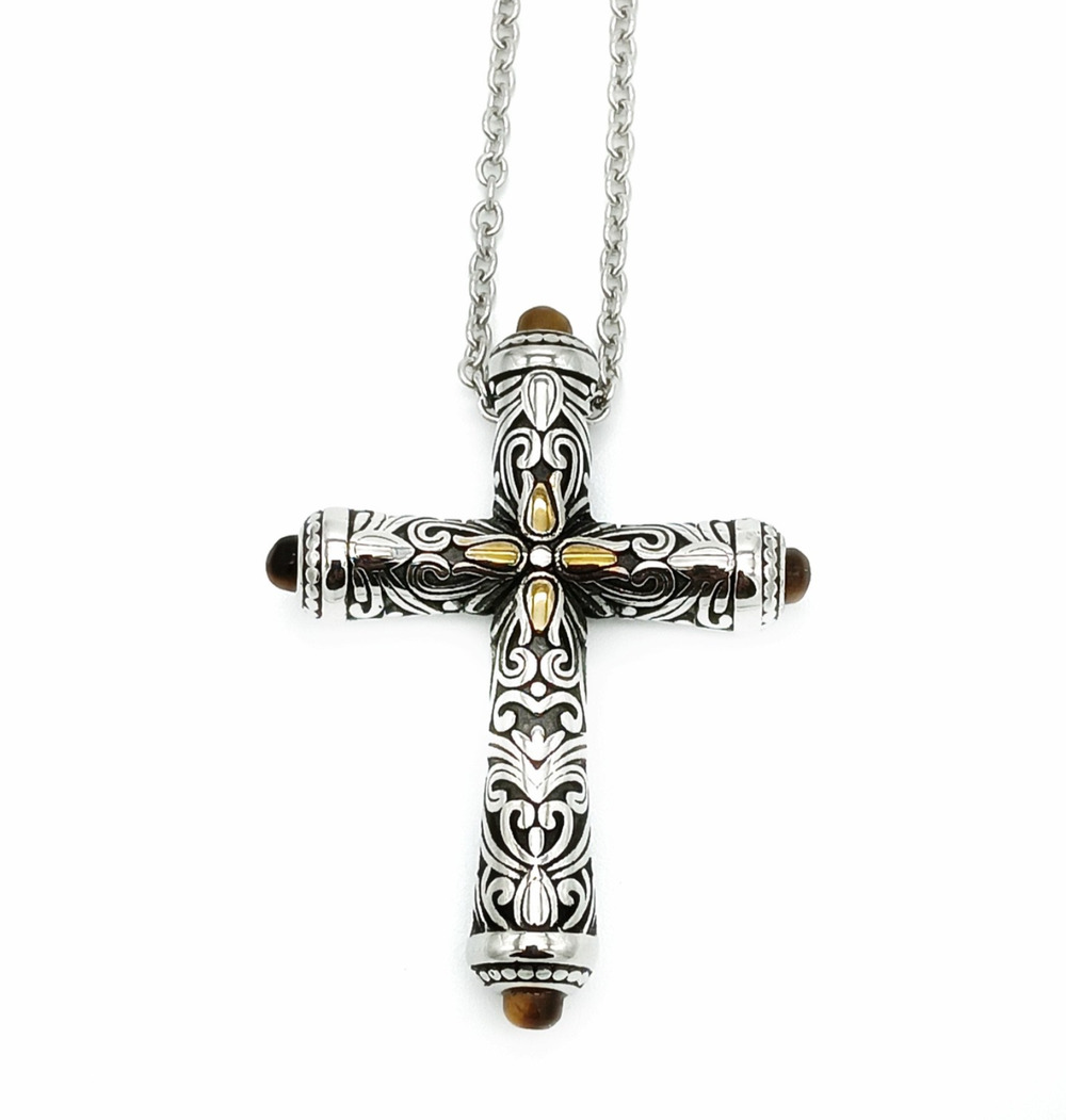 Tiger's Eye Cross Pendant Necklace in Stainless Steel